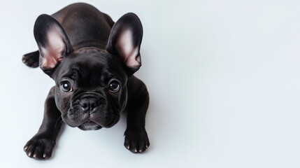 Cute black french bulldog puppy laying down, frenchie on white background, looking at camera, shot from above, room for type, dog breeds, pet care, puppy health, family dog, horizontal banner ad - obrazy, fototapety, plakaty