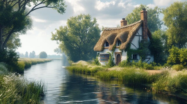 A charming Tudor cottage nestled along a meandering riverbank, its thatched roof and whitewashed walls a beacon of rustic beauty.