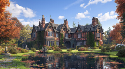 A stately Tudor residence with a symmetrical façade, its leaded windows framing views of manicured gardens and tranquil ponds. - obrazy, fototapety, plakaty