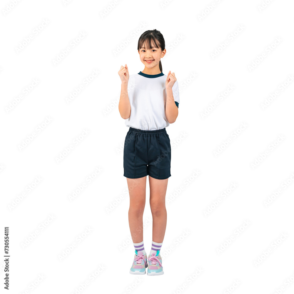 Aufkleber ガッツポーズする体操服を着た女の子　手作業で精密に切り抜いた背景透過写真png