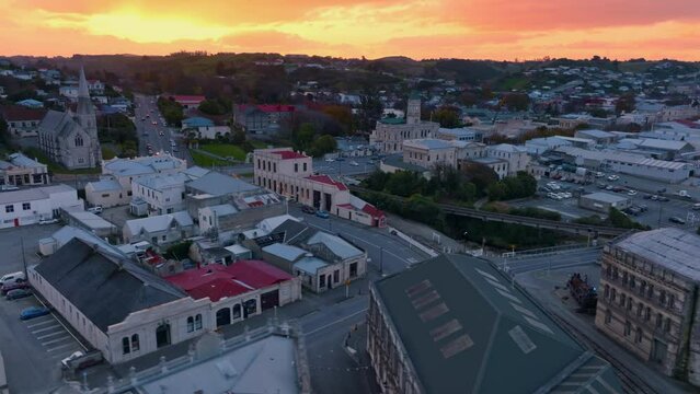 Aerial: Buildings in downtown Oamaru, Otago, New Zealand.