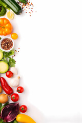Healthy food on white background with copy space, flat lay, top view, banner