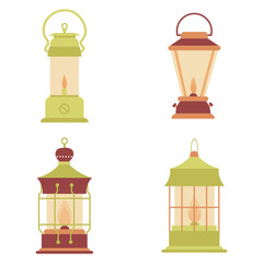 Collection of Camping Lantern Lamp With Handle, Vintage Kerosene Shapes. Vector Illustration
