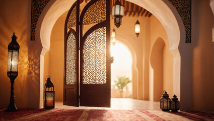 Abstract Islamic interior, lantern, gate, arches, door. Ramadan Lantern
