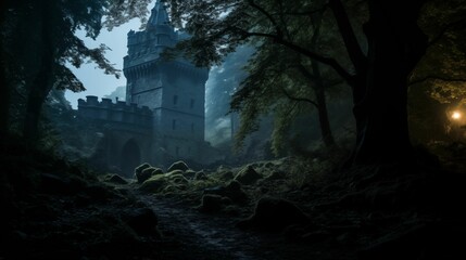 A castle in the depths of a dark forest.