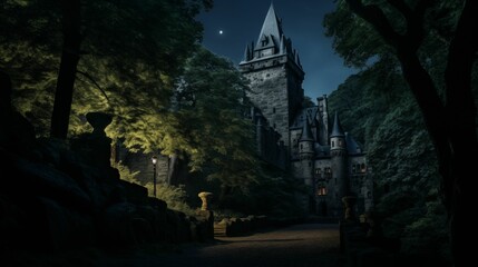 A castle in the depths of a dark forest.