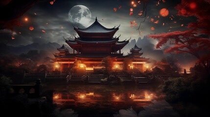 A Chinese temple lit by a dark landscape.