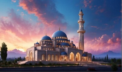 The building of the mosque is magnificent, with beautiful clouds. Generative AI - obrazy, fototapety, plakaty