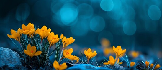 Dreamy deep blue background complemented by yellow spring crocus flowers.