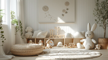 Kid's playroom in Scandinavian style with wooden toys and soft rugs