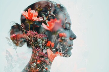 Double exposure of a woman's head with flowers in the background