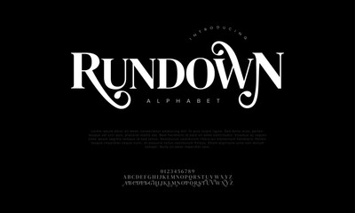 Rundown premium luxury elegant alphabet letters and numbers. Elegant wedding typography classic serif font decorative vintage retro. Creative vector illustration