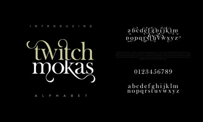Twitchmokas premium luxury elegant alphabet letters and numbers. Elegant wedding typography classic serif font decorative vintage retro. Creative vector illustration