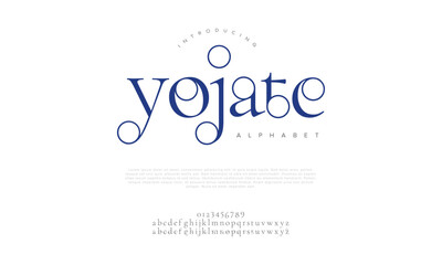 Yojate premium luxury elegant alphabet letters and numbers. Elegant wedding typography classic serif font decorative vintage retro. Creative vector illustration