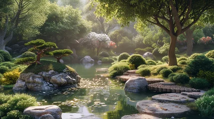 Ingelijste posters Japanese-inspired Zen garden with bonsai trees, rock features, and a tranquil pond. © CREATIVE AI ARTISTRY