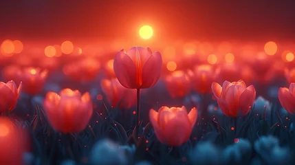 Papier Peint photo Rouge 2 Moonlit Tulip Garden - Surreal Glow and Soft Blends in Celestial Light. Made with Generative AI Technology