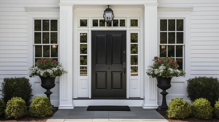 Black front door of a pristine white house.