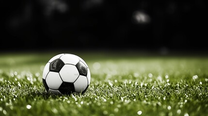 Fototapeta premium Black and white soccer ball placed on a green grass field.