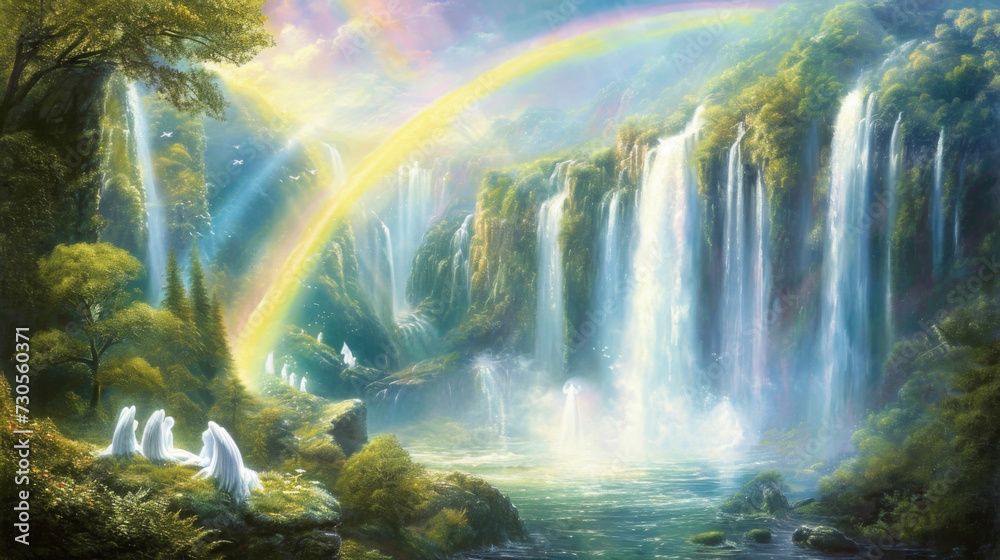 Wall mural A magnificent rainbow arches over a stunning waterfall with a group of serene angels gathered at its base basking in its radiant glow.