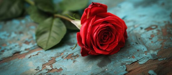 Red rose on a table symbolizes love.