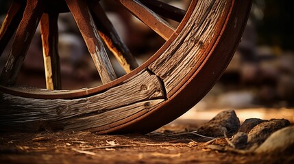Detailed close-up of a wooden wagon wheel. - obrazy, fototapety, plakaty