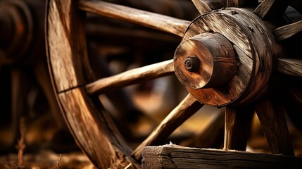 Detailed close-up of a wooden wagon wheel.