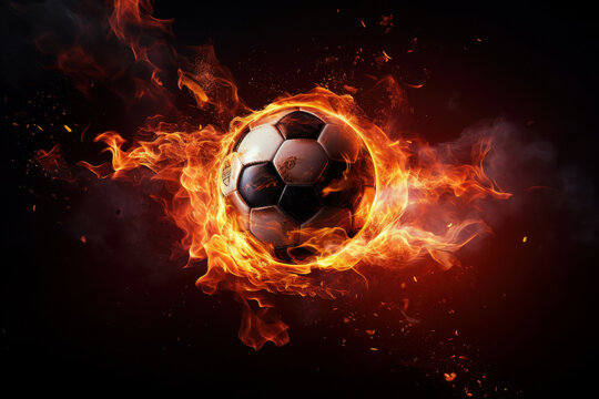 Fiery soccer ball in action, representing passion and power AI Generative. © Alisa