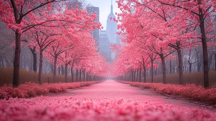 Foto op Plexiglas Pink Oasis - Mid-Range Tranquility in City Park's Cherry Blossom Canopy, Soft Focus Unites Nature and Urban Serenity. Made with Generative AI Technology © mafizul_islam
