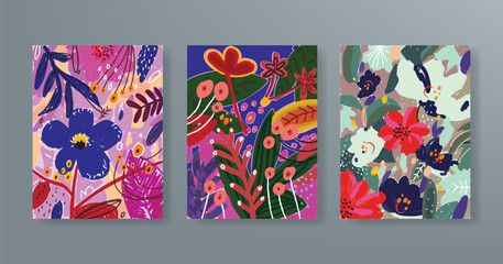 Set of collection abstract flowers, leaves, floral  hand drawn  colorful background vector design for wall art, art print, banner, card and decoration.