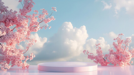 Spring's beauty frames this podium, where cherry blossoms whisper serenity AI Generative.