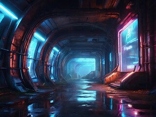 Futuristic tunnel with cyberpunk style blue neon lights. Illustration of beautiful scenery. background for poster, banner, web, social media. ai generative design