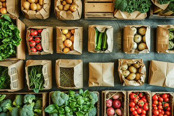 Farmer's market stall with a variety of produce elegantly packaged in eco-friendly materials, sustainable packaging.