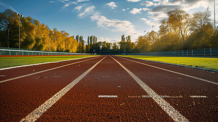 Sunlit running track beckoning athletes with its promise of speed and competition, AI Generative.