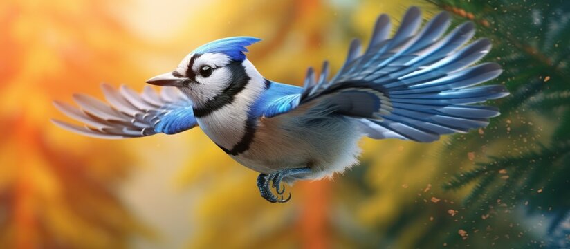 Blue Jay bird flying from the tree
