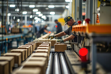 Production line in a zero-waste facility, workers using cutting-edge machinery to manufacture environmentally conscious packaging materials. - obrazy, fototapety, plakaty