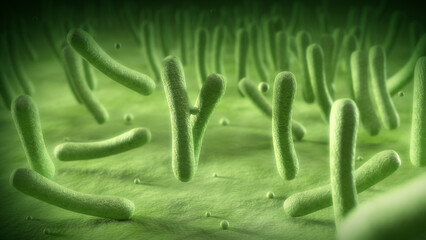 Bacteria cell under microscope, Healthcare and medical background, 3D rendering.