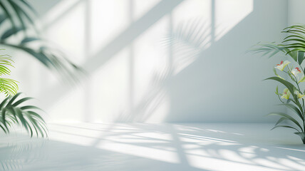 Modern minimalist interior space with green plants and striking sunlight shadows creating a tranquil atmosphere.
