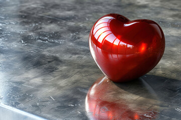 Glass red heart on a silver background.