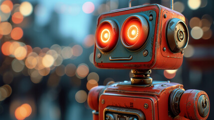 Closeup of retro robot, desktop background, AI-generative