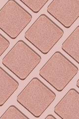 Minimal pattern eye shadow glitter pink swatches with shadow, monochrome photo as background, refill compact eyeshadow, shiny colored powder fo makeup, square shape metal pack, cosmetic texture