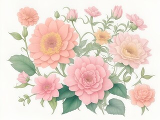 Flowers on white background, pink flowers with leaves,bouquet illustration