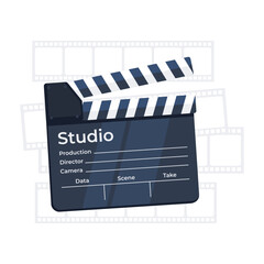 Fototapeta na wymiar Classic black and white film clapperboard with filmstrip background, a symbol of movie production. Vector illustration