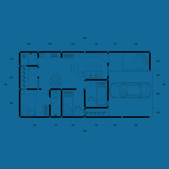 Architecture plan with furniture. home floor plan, isolated on blue background, stock illustration. vector eps 10.
