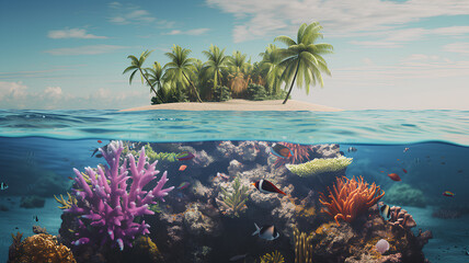 Fototapeta na wymiar A serene tropical island with lush greenery above a vibrant underwater coral reef teeming with fish. 