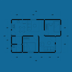 Architecture plan with furniture. home floor plan, isolated on blue background, stock illustration. vector eps 10.