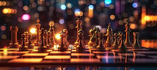 Strategically positioned chess pieces on board against backdrop of blurred city at night symbolizing intricacies of business competition and leadership captures essence of strategy - obrazy, fototapety, plakaty
