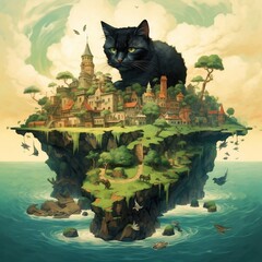 Black Cat Sitting on Floating Island