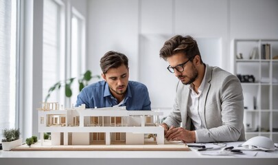 Young architect inspects and works on house plans in white office with colleagues