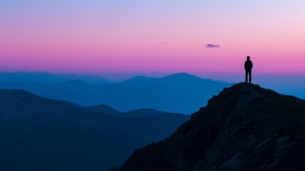 A solitary figure stands atop a rugged mountain against a twilight sky with layered mountain silhouettes.