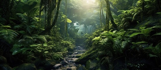 Dense tropical forest with lush green trees - obrazy, fototapety, plakaty